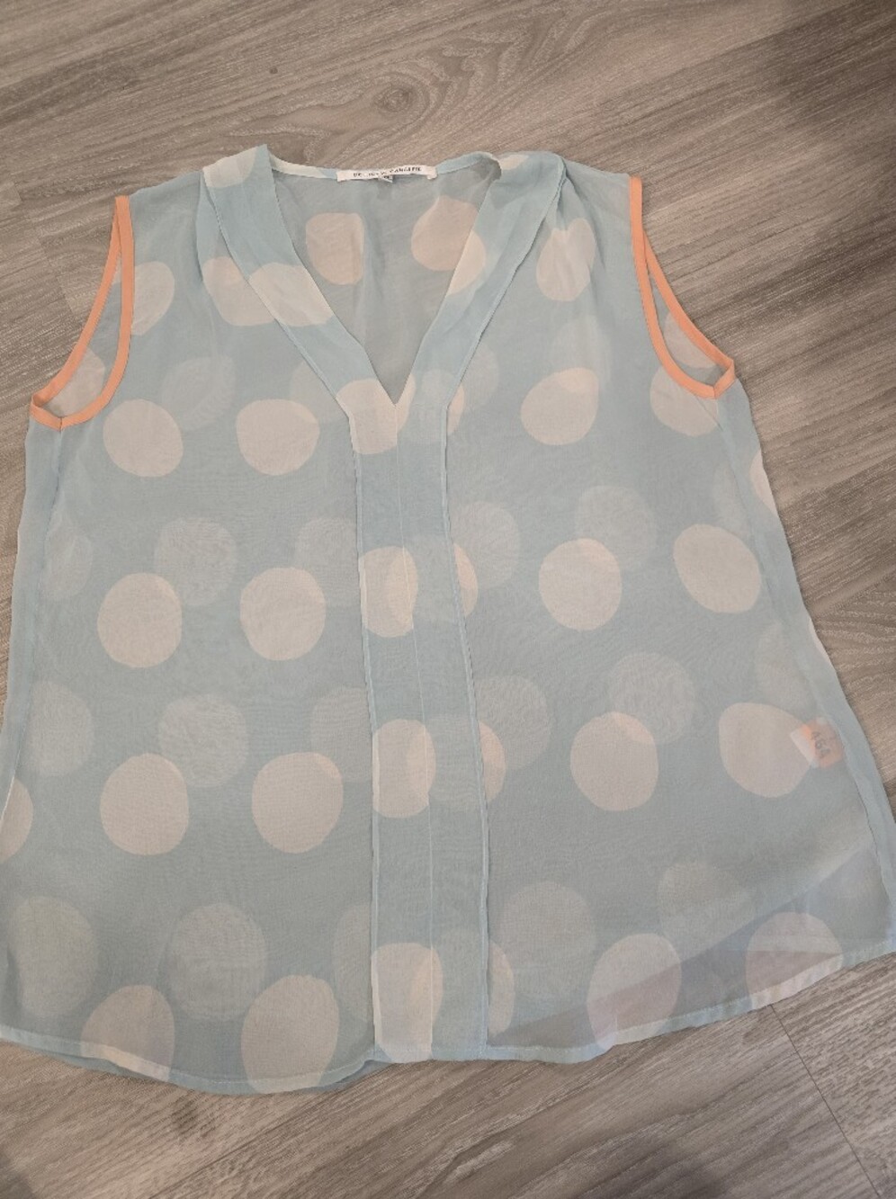 Collective Concepts Light Blue Polka Dot Sheer Tank with Peach Trim